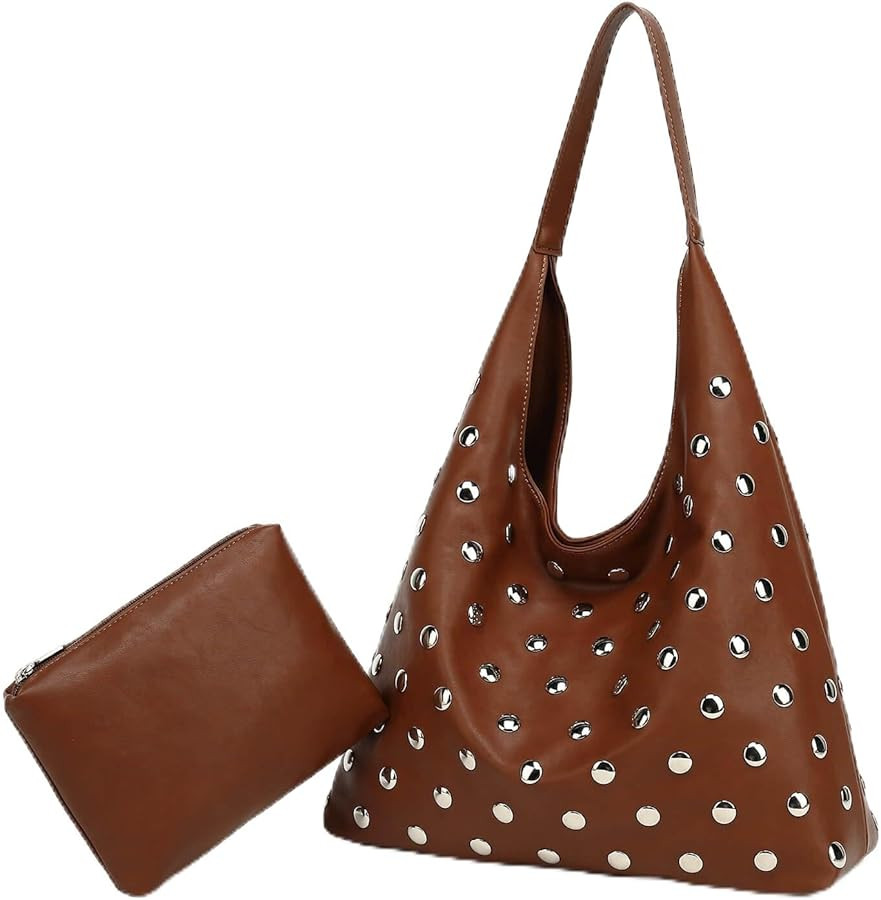 Studded Hobo Bag for Women, Vegan Leather Tote Purse, Soft Slouchy Shoulder Bag | Amazon (US)