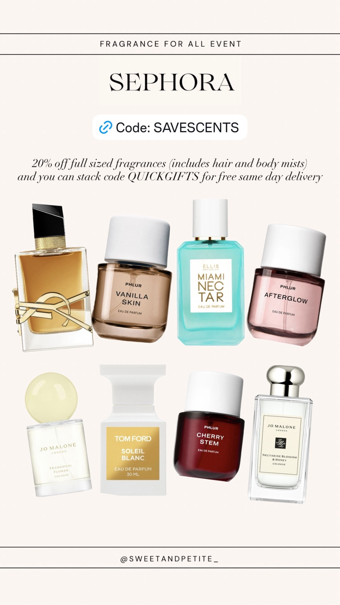 @sephora Fragrance for All Event is here and these are my fav fragrances! Use code SAVESCENTS for 20% off full sized fragrances and body mists and you can stack code QUICKGIFTS for free same day delivery. #sephorapartner

Sephora has buy online pickup in store and same day delivery options to get your order sooner too!

Code is exclusive to Beauty Insider members from 12/15-12/24 for a one time use - If you’re not a Beauty Insider member already it’s free to join and you accumulate points through your purchases and get a free birthday gift every year


#LTKBeauty #LTKSaleAlert