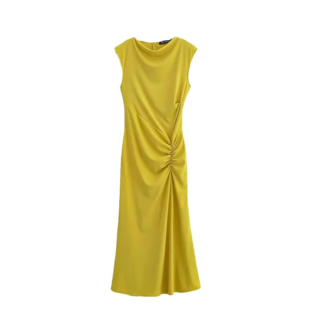 Women's Pleated O Neck Long High Street Sleeveless Female Straight Slim Non Strech Dresses | Amazon (US)