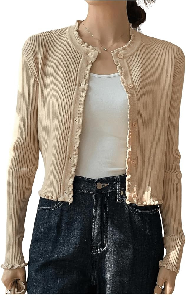 GORGLITTER Women's Knit Cardigan Frill Trim Button Down Crew Neck Cropped Sweater Cardigan | Amazon (US)