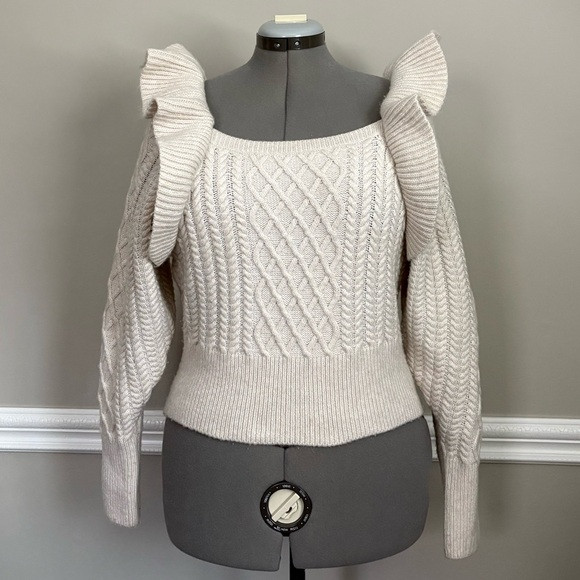 H&M Square Neck Ruffle Shoulder Cream Cable Knit Sweater | Poshmark