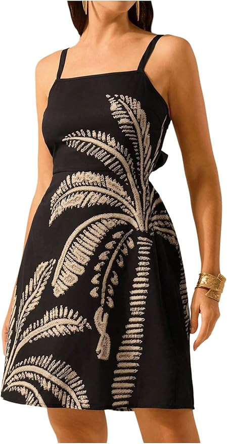 Women's Tree Print Cami Dress Square Neck Sleeveless Vocation Dress A Line Elegant Short Dresses | Amazon (US)