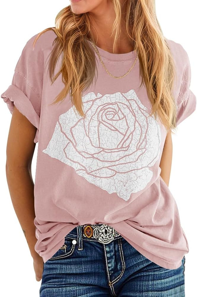 Womens Rose Graphic Tee T Shirt Loose Fit Summer Short Sleeve Casual Boyfriend Crew Neck Tops | Amazon (US)