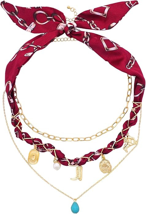 Layered Scarf Necklace for Women - 3 Pcs Bandana Necklace with Charms for Formal Shirt Casual Gif... | Amazon (US)