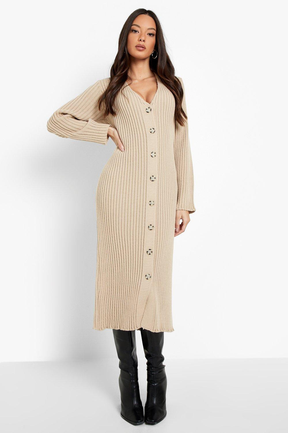 Heavy Rib Knit Button Through Midi Dress | Boohoo.com (UK & IE)