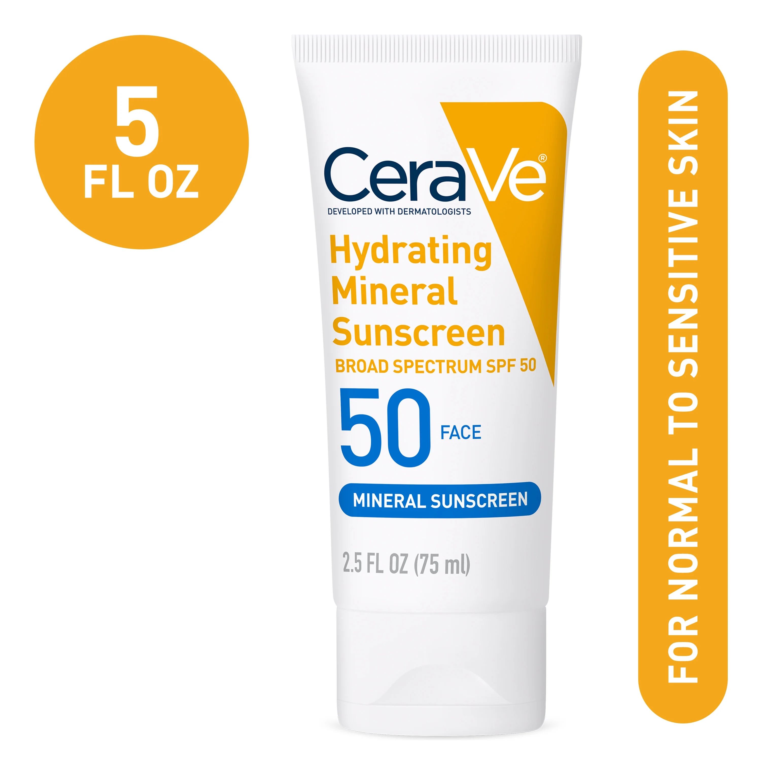 CeraVe Hydrating Face Mineral Sunscreen Lotion SPF 50 for All Skin Types, 2.5 fl oz | Walmart (US)