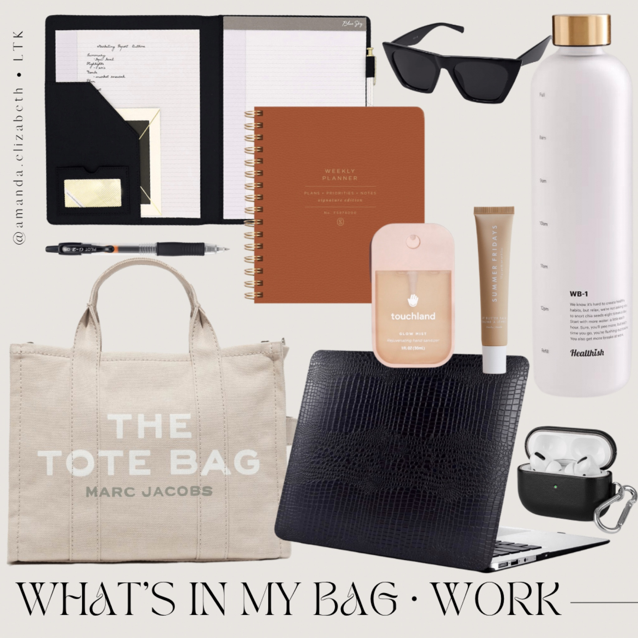 what’s in my bag • work edition 🤎
bag: the tote bag from marc jacobs 
laptop: apple macbook 13 inch 
black leather laptop case: amazon 
headphones: apple airpods pro 
leather airpods case: amazon 
portfolio/notebook: target 
2023 weekly planner: amazon 
water bottle: glow bottle - amazon 
hand sanitizer: touchland 
lip balm: summer fridays 
sunglasses: amazon 
pens: pilot G-2 - amazon  
#competition 

#LTKitbag #LTKworkwear #LTKFind