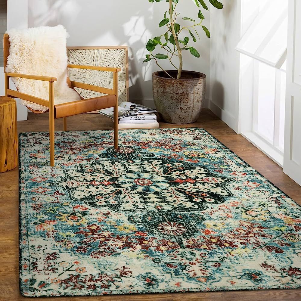 Lahome Bohemian Floral Medallion Area Rug - 5x7 Teal Large Washable Rugs for Living Room Soft Rug... | Amazon (US)
