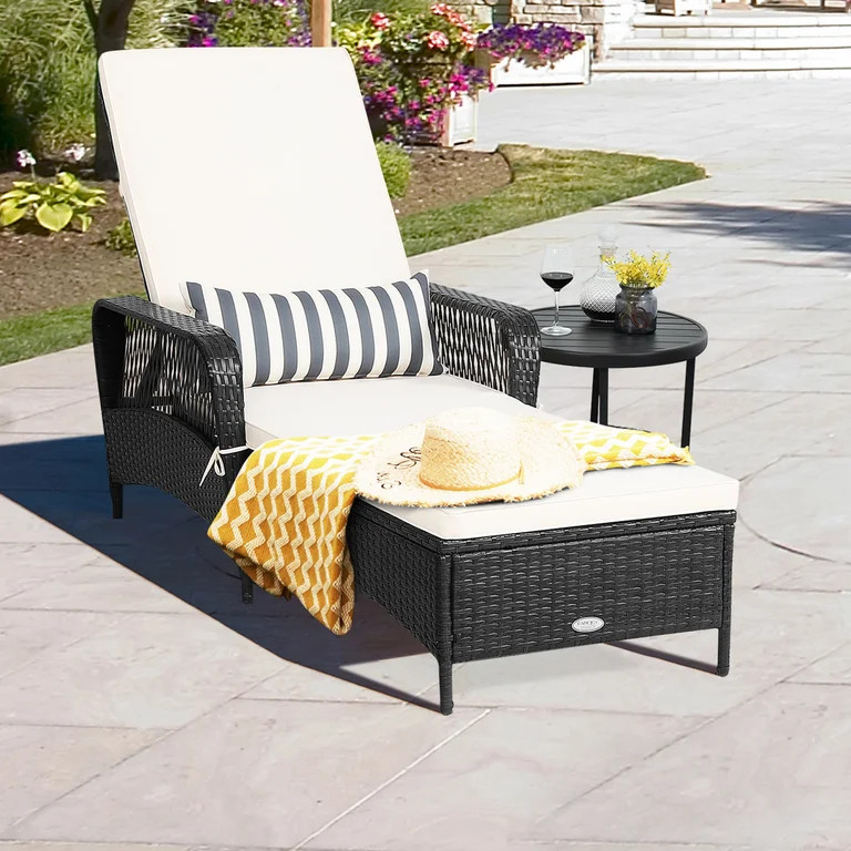 Gymax Adjustable Patio Rattan Lounge Chair Chaise Recliner w/ Cushion & Pillow | Walmart (US)