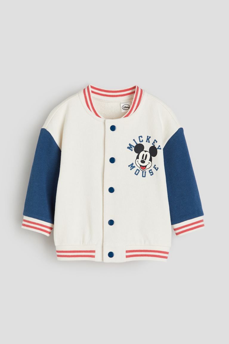 Printed Baseball Jacket - Round Neck - Long sleeve - White/Mickey Mouse - Kids | H&M US | H&M (US + CA)
