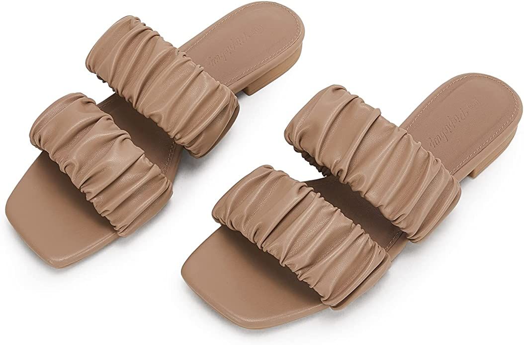 PiePieBuy Womens Square Open Toe flat Sandals Two Straps Low Heel Mule Slides | Amazon (US)