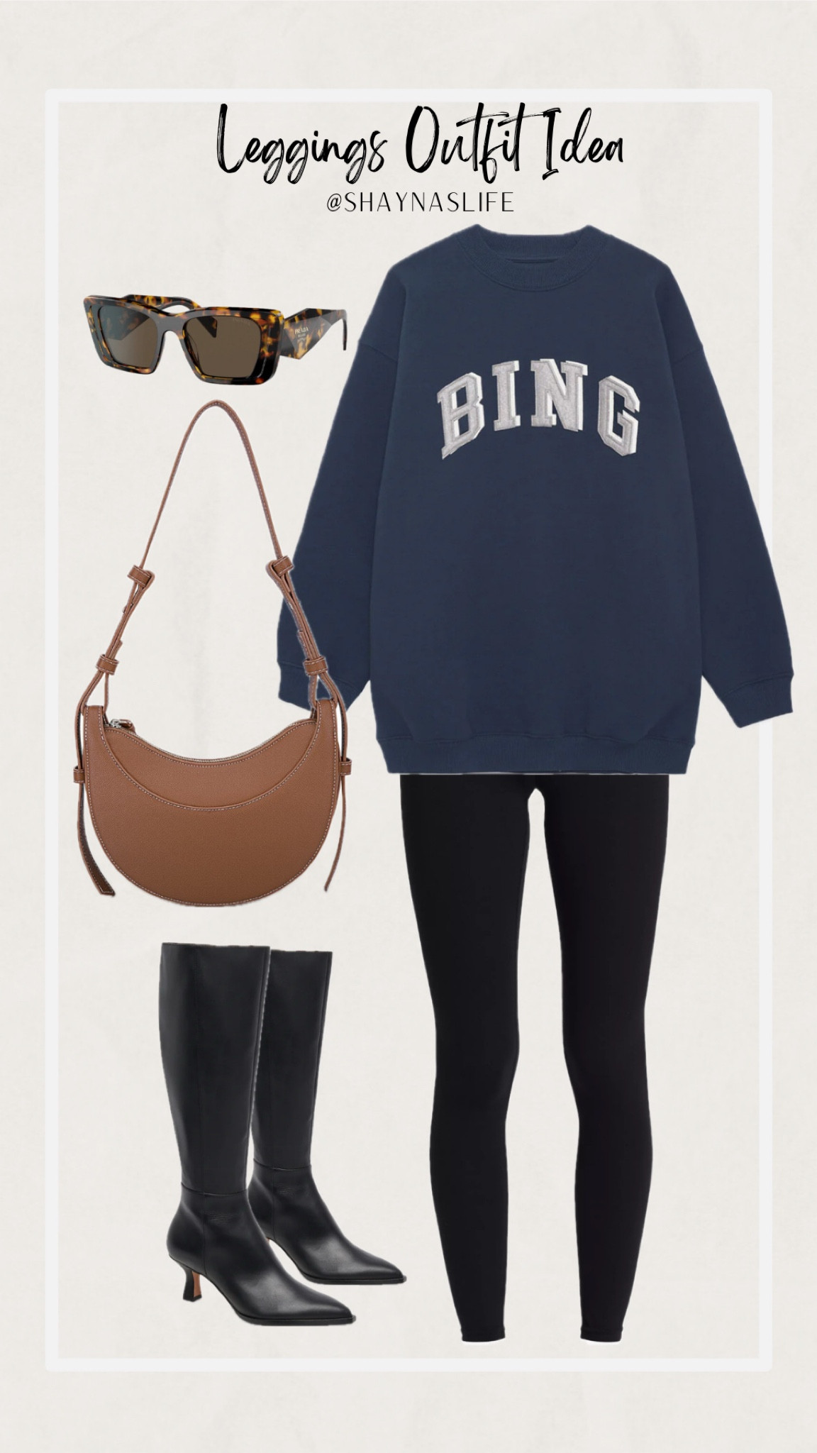 Leggings outfit idea 
Sweatshirt ( just ordered in xl ) 
Amazon leggings L 
Boots 11 if between sizes go up 
Lululemon leggings size 10 ( size down )
I got the wide calf boots but also linked regular calf as well. 

Leggings outfits, Amazon, fashion, wide, calf, boots, sunglasses, Prada, Bing, Anine bing , midsize, how to style, ways to wear 
