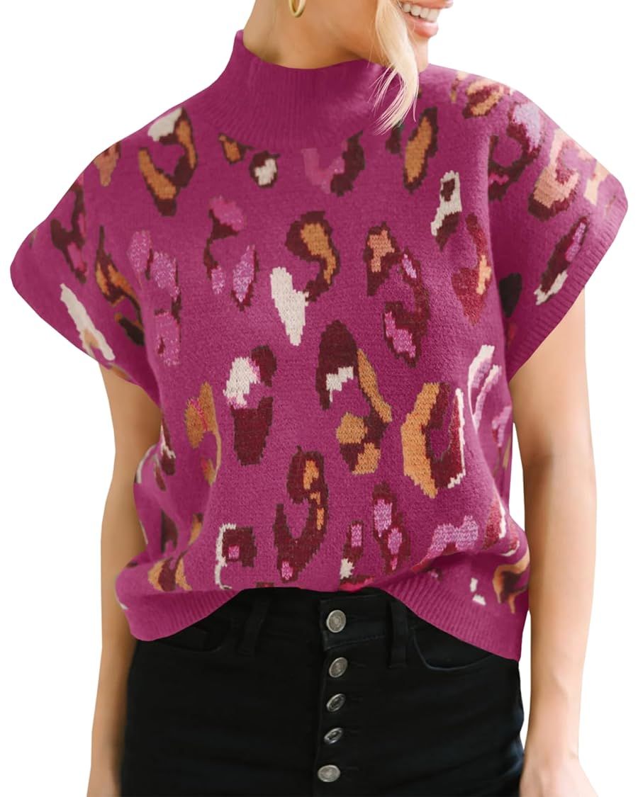Saodimallsu Womens Mock Neck Short Cap Sleeve Sweater Summer Trendy Leopard Print Loose Knit Pull... | Amazon (US)