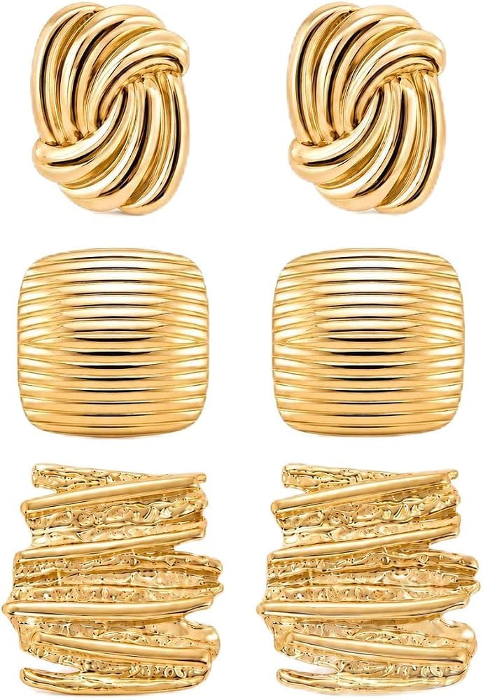 Mahani Chunky Gold Statement Earrings Set for Women \u2013 3 Pairs Textured Gold Stud Earrings, W... | Amazon (US)