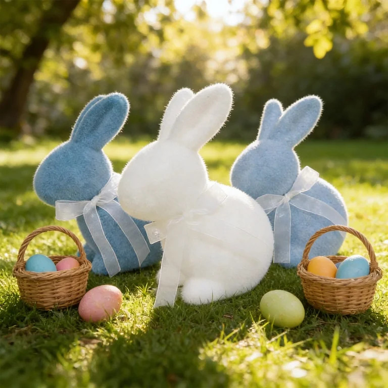 Easter Flocked Bunny Figurine with Bow, Realistic Fuzzy Rabbit Statue, Adorable Easter Bunny Deco... | Walmart (US)