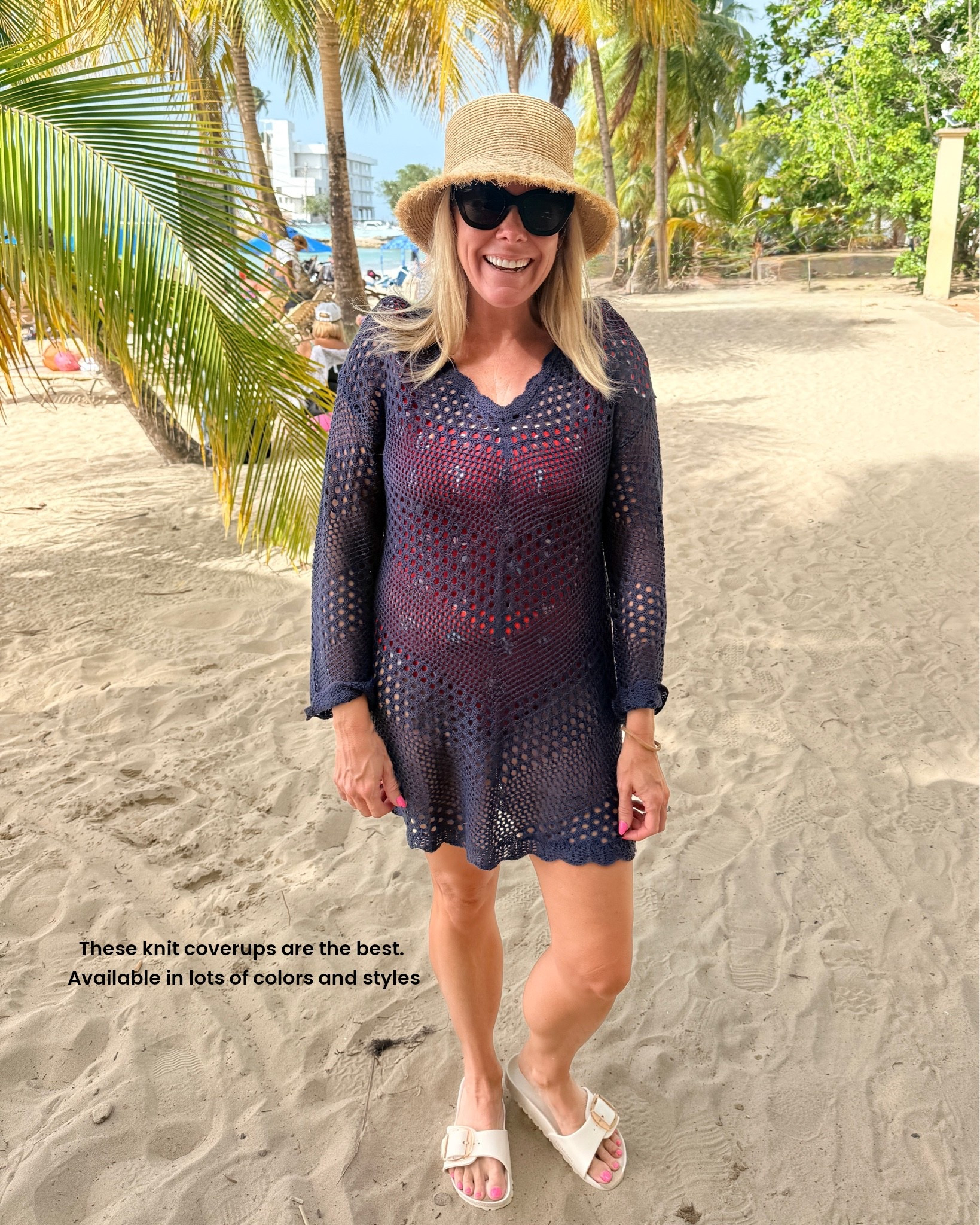 Size small crochet coverup with a bucket hat and waterproof slides

#LTKootd #LTKOver40 #LTKTravel