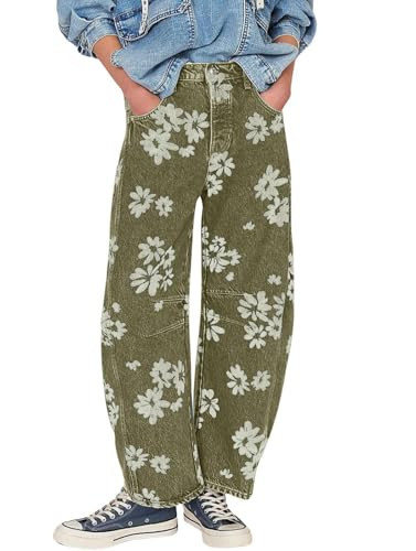 loveimgs Women Y2k Distressed Barrel Jeans Baggy Wide Leg Jeans Floral Printed Boyfriend Patchwork Denim Pants (X-Small,Green) | Amazon (US)