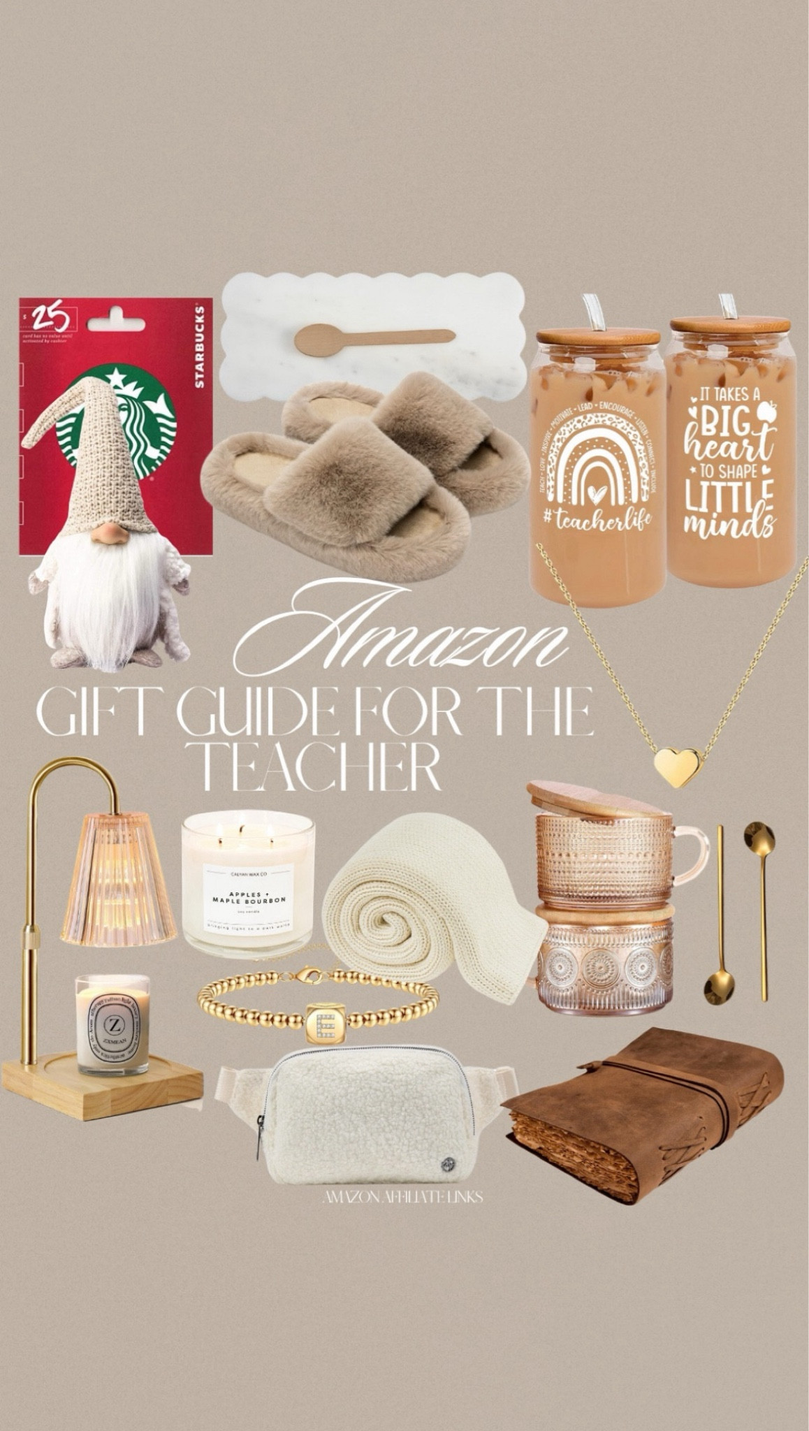 Amazon holiday gift guide for the teacher
Starbucks gift card
Candle
Candle warmer
Bracelet 
Blanket
Belt bag
Mug
Journal
Slipper
Cheese plate 
Gnome


#LTKGiftGuide #LTKHome
