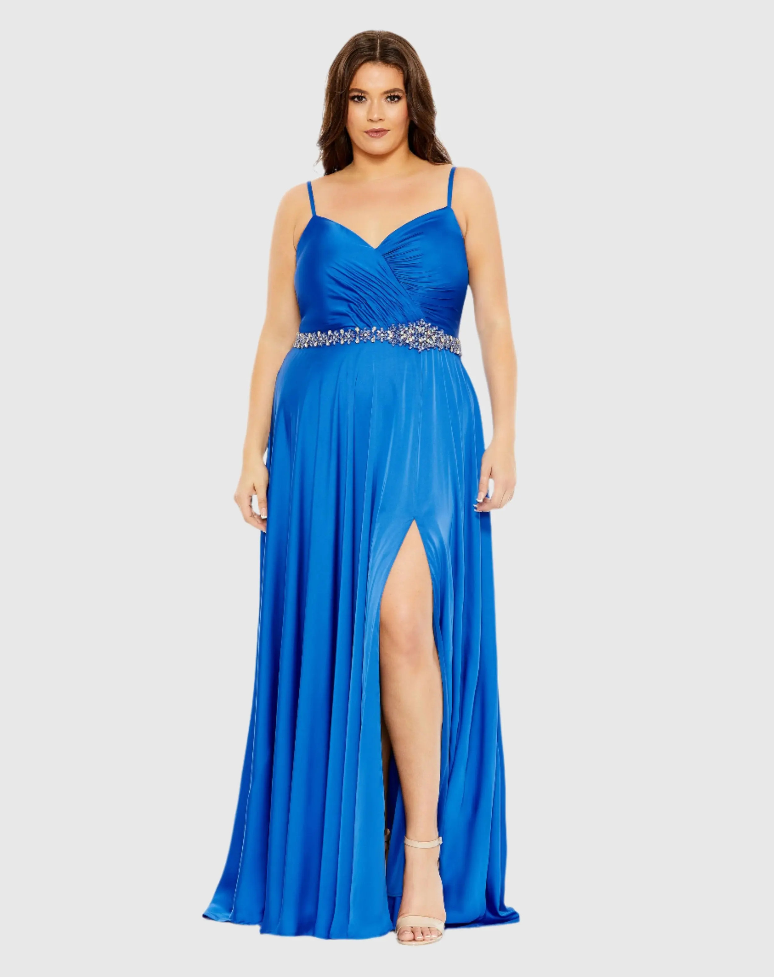 Mac Duggal - Blue Beaded Belt Faux Wrap A Line Gown (Plus) - Cobalt / US 24W | Mac Duggal