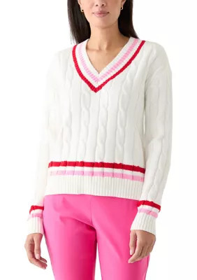 Crown & Ivy Women's V-Neck Varsity Sweater, Ivory, XXL | Belk