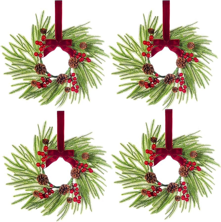 4 Pcs Mini Christmas Wreath 15" Xmas Kitchen Cabinet Decorations with Norfolk Pine Red Ribbon Pin... | Amazon (US)