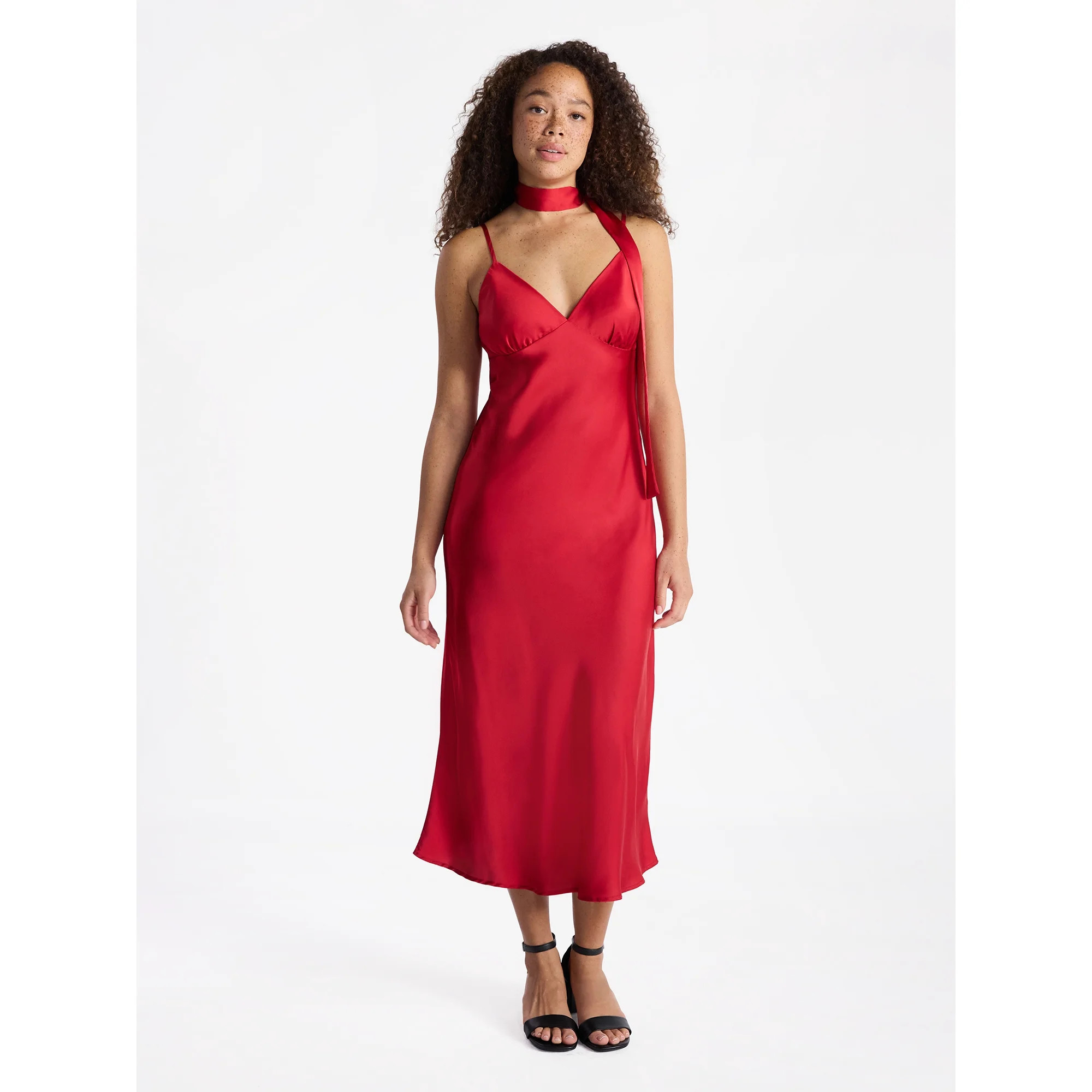 No Boundaries V-Neck Satin Maxi Dress with Scarf Set, 2-Piece, Women's | Walmart (US)
