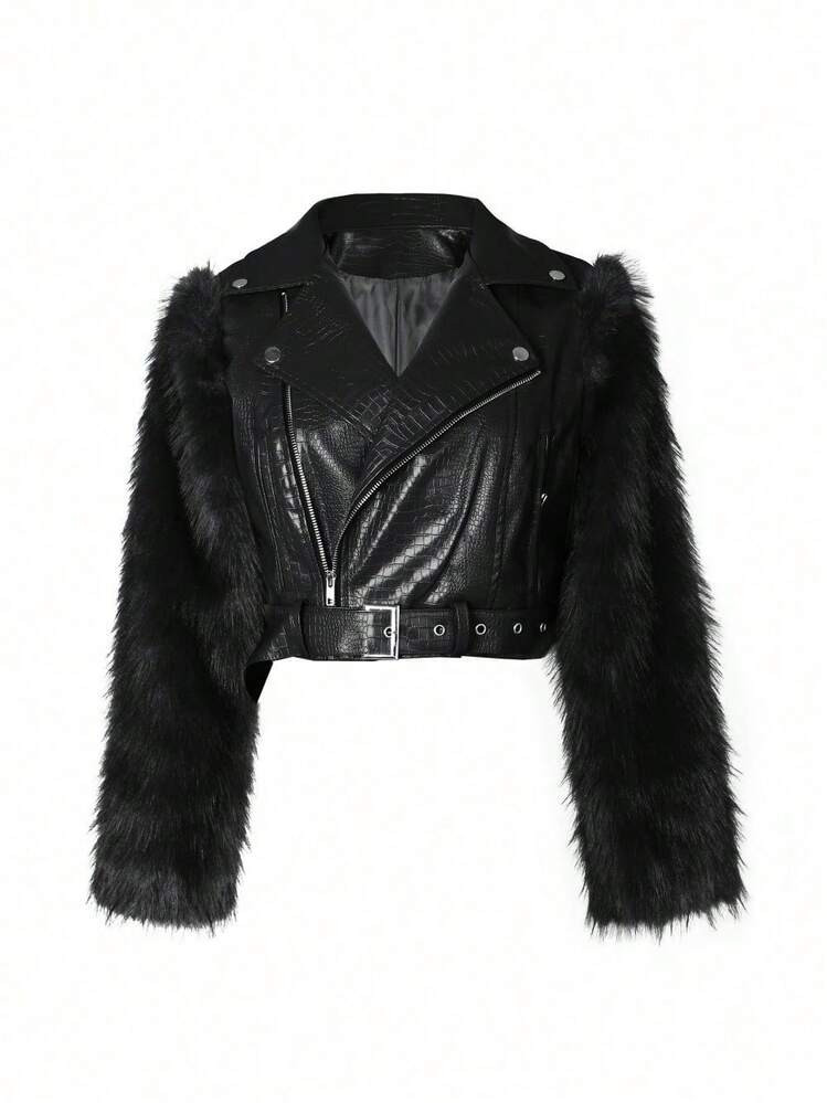 Black Fur Cropped Faux Leather Coat | SHEIN