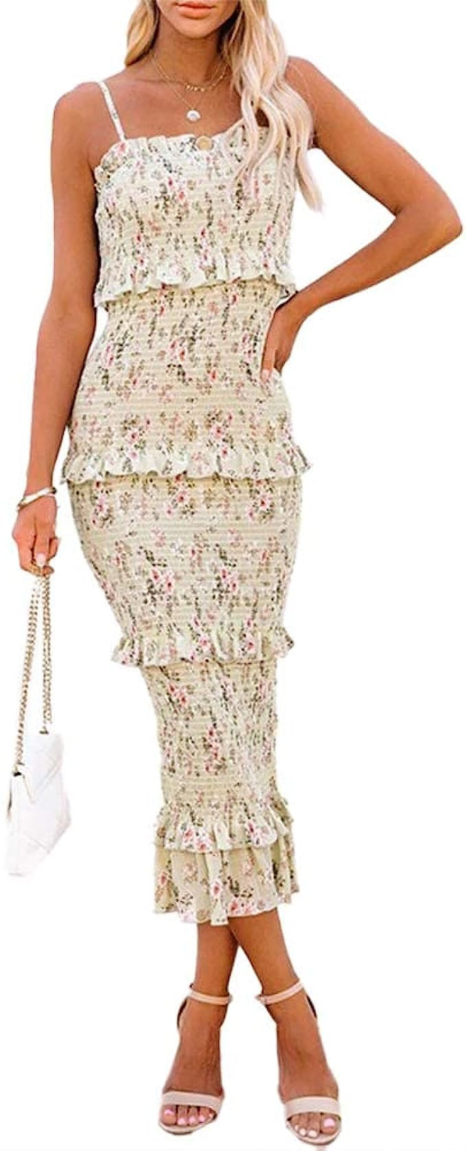 Women's Floral Flared Maxi Smocked Dress Spaghetti Straps Slim Shirred Cami Dress Tiered Ruffle L... | Amazon (US)