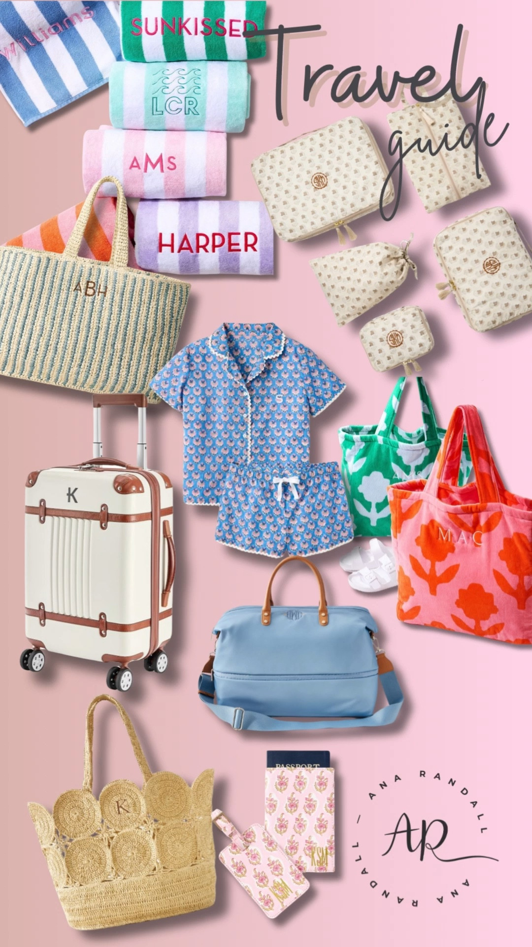 Monogrammed travel essentials for organized summer trips ✈️🌸

These are my go-to pieces for staying chic and organized from airport to hotel — everything is linked on my LTK 🤍

If you love traveling with everything in its place (and looking put together while doing it), this lineup makes packing feel effortless.

• Personalized beach towels
• Structured carry-on suitcase
• Matching travel pouches
• Lightweight weekender bag
• Chic pajama set
• Everyday tote bags
• Woven beach bag + passport case

Perfect for spring break, summer vacations, or gifting your favorite travel girl ✨

😘 Ana.

#LTKTravel #LTKmomlife #LTKOver40
