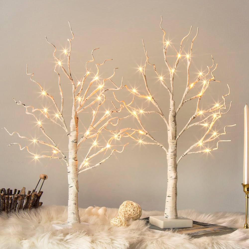 Vanthylit Tabletop Christmas Tree, White Birch Tree with LED Lights - Set of 2, Warm White Tree L... | Amazon (US)