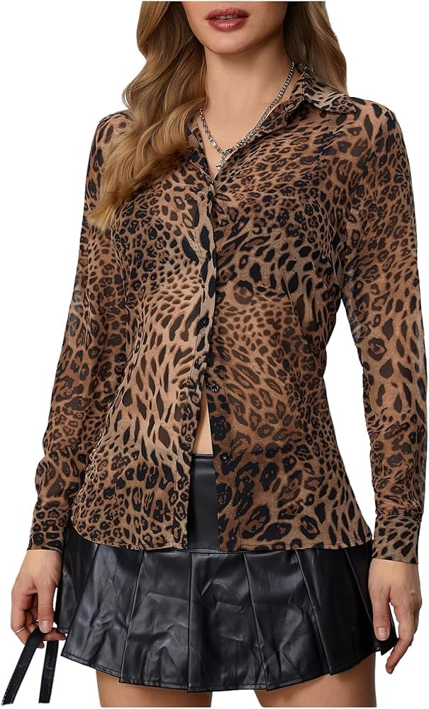 Milumia Women's Sheer Mesh Leopard Print Button Down Shirt Long Sleeve Chiffon Blouse Dressy Top | Amazon (US)