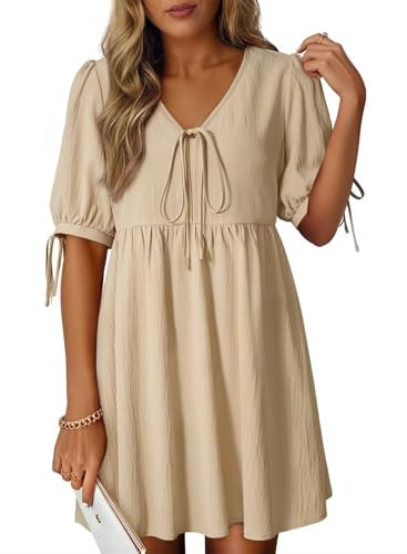 Dokotoo Summer Dresses for Women 2026 Casual V Neck Bow Tie Short Sleeve Empire Waist A-Line Mini... | Amazon (US)