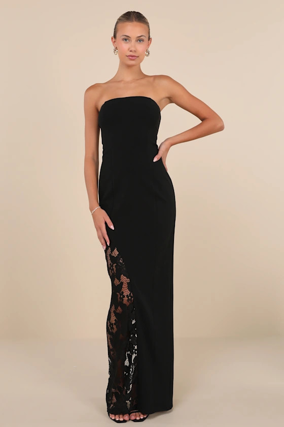 Irresistible Attitude Black Strapless Lace Column Maxi Dress | Lulus