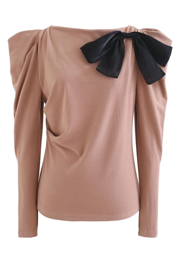 Mesh Bowknot Bubble Sleeve Top in Coral | Chicwish
