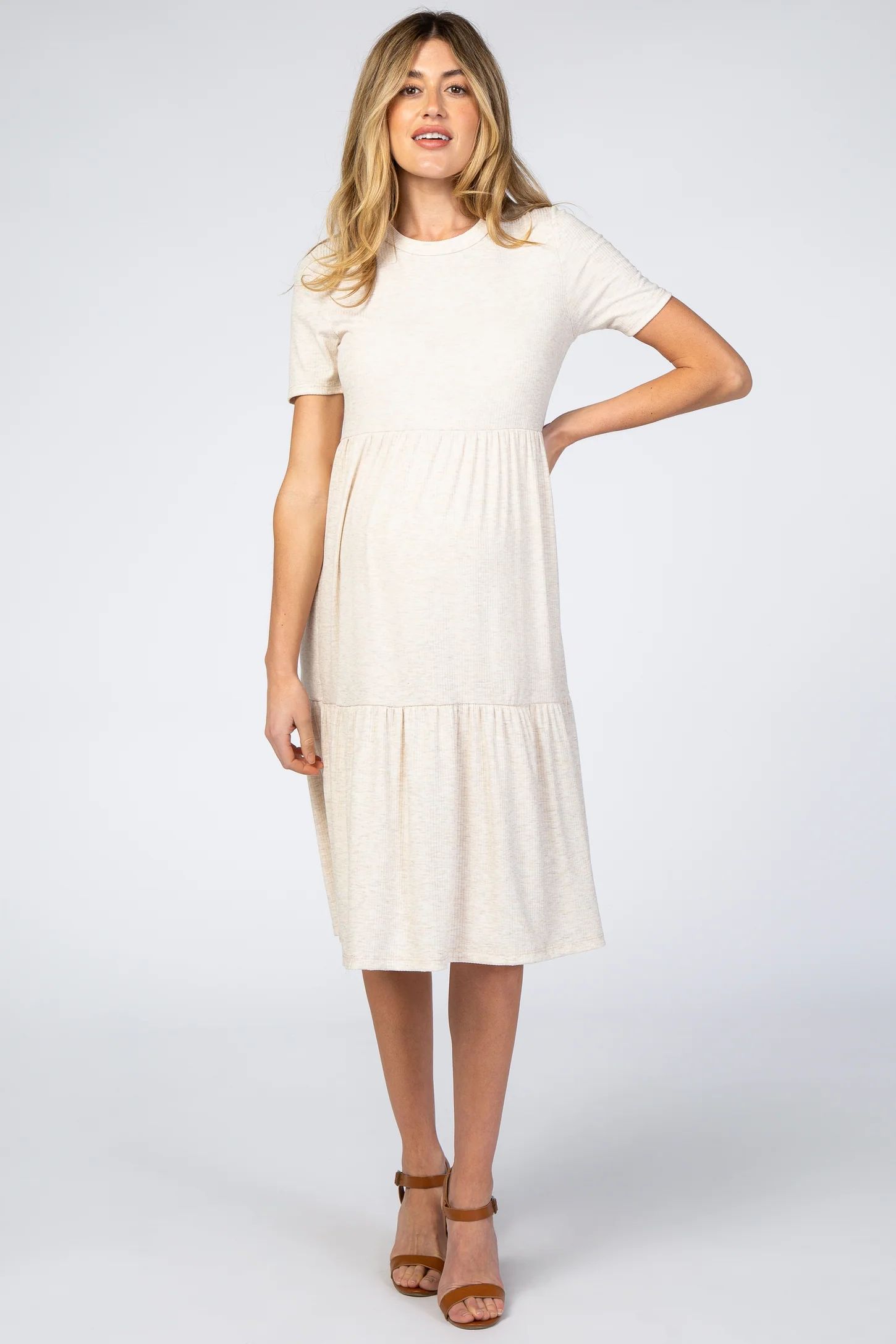 Beige Ribbed Tiered Maternity Dress | PinkBlush Maternity