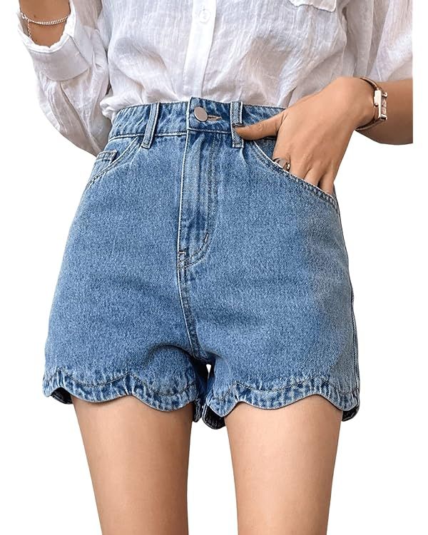 SweatyRocks Women's Casual High Waisted Zip Up Denim Shorts Scallop Trim Straight Leg Jean Shorts | Amazon (US)