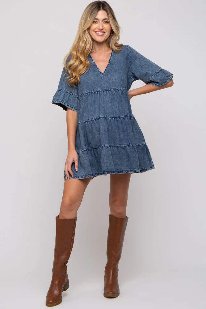 Blue Vintage Wash Tiered Maternity Dress | PinkBlush Maternity