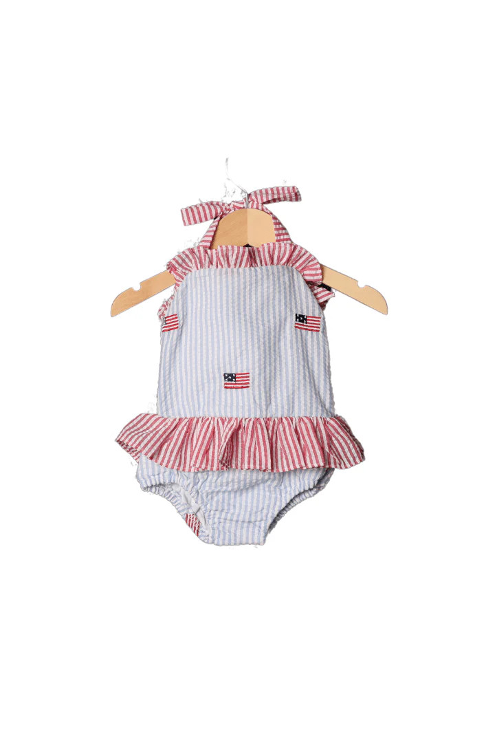 Embroidered Flag Seersucker Ruffle Swimsuit | The Smocked Flamingo