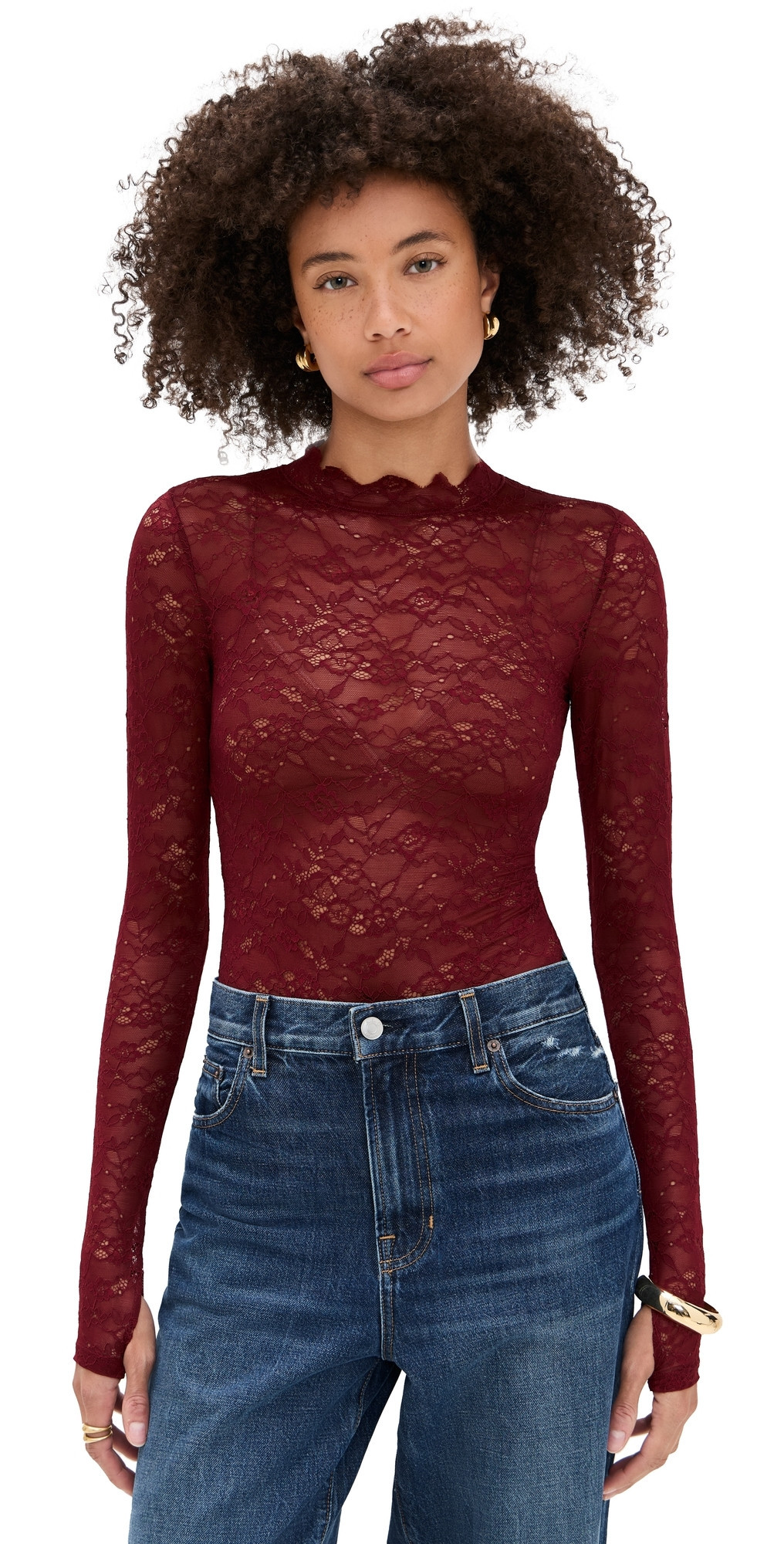 alice + olivia Taeyn Lace Crew Neck Bodysuit Oxblood XL | Shopbop