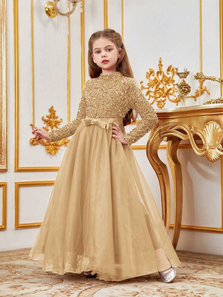 Elegant Girls' Turtleneck Long-Sleeve A-Line Tulle Princess Dress With Structured Silhouette – Perfect For Wedding Ceremonies, Formal Galas, Graduation Celebrations, Ballet Performances & Luxury Holiday Events | SHEIN