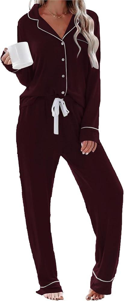 Womens Long Sleeve Pajamas Set Soft Sleepwear Button Shirt Long Pants Pj Lounge Sets | Amazon (US)
