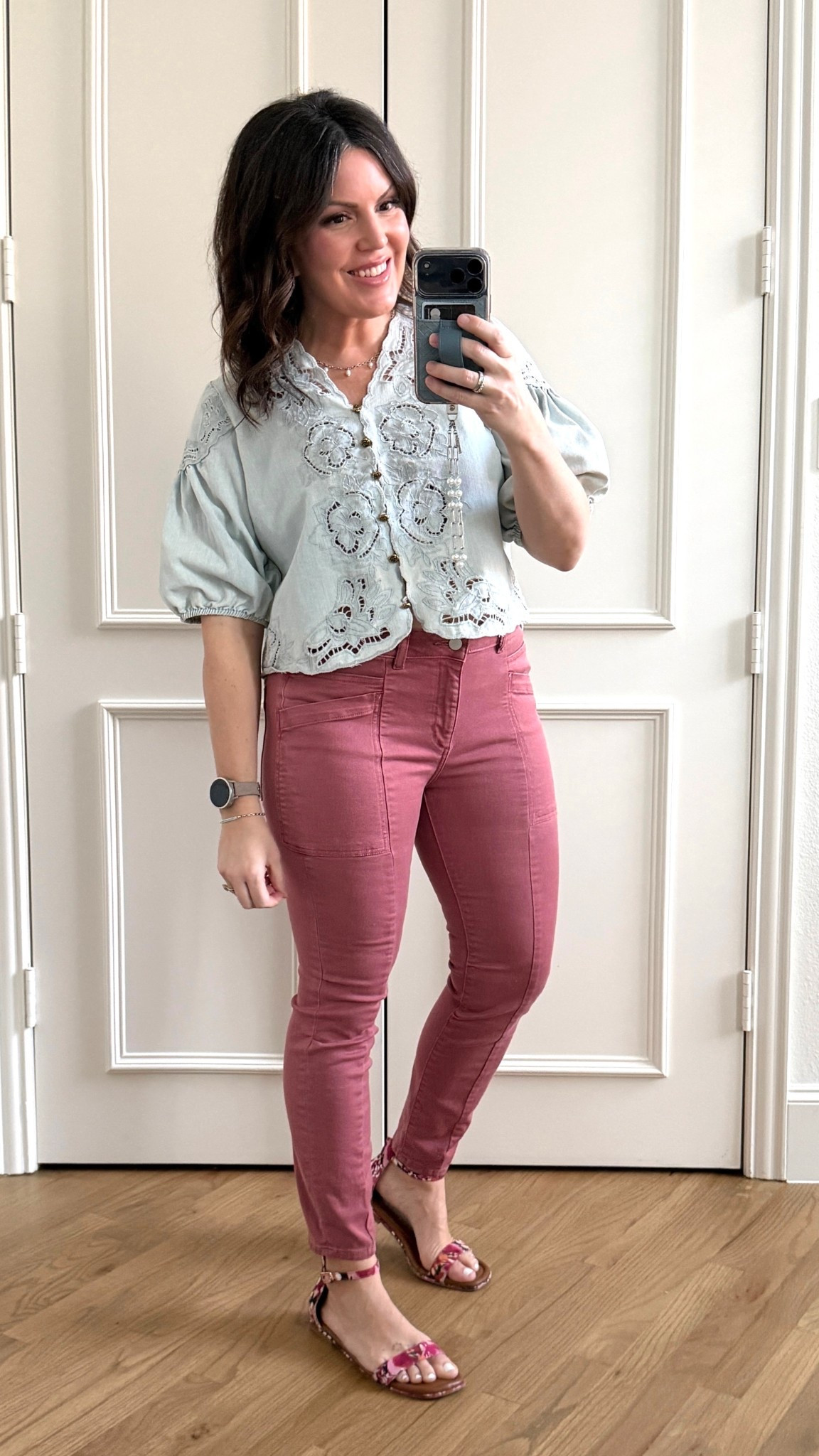 Clover jeans hard to find if they’re in your size grab them! Otherwise I will link similar. This top could work for Summer or spring. It does have gold buttons, but the chambray is pretty neutral. Not too warm more cool. I get a ton of compliments when I wear it! I’m in a medium and probably could’ve done a small if you don’t want it as loose. 
