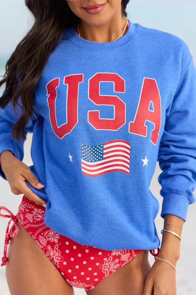 Athletic USA Flag Blue Graphic Sweatshirt | Pink Lily