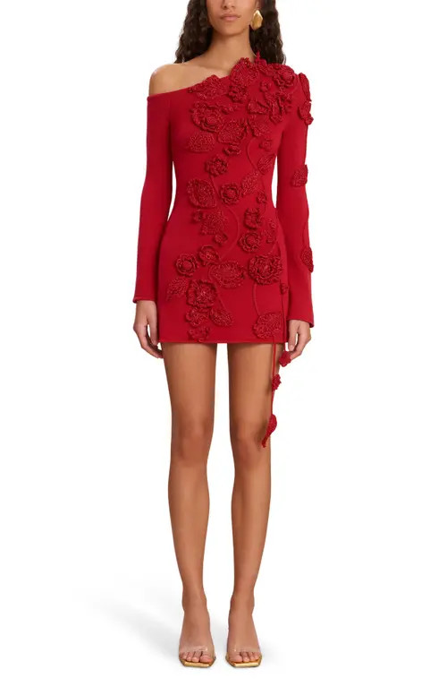 Cult Gaia Kaela Floral Appliqué One-Shoulder Long Sleeve Sweater Minidress in Merlot at Nordstrom, Size Medium | Nordstrom
