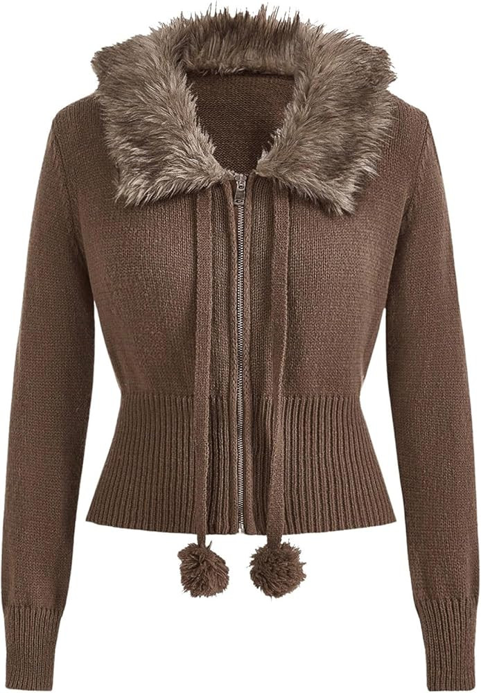 Verdusa Women's Zip Up Long Sleeve Knit Cardigan Sweater Fuzzy Crop Jacket Outerwear | Amazon (US)