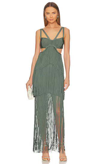 Strappy Tiered Fringe Gown in Willow | Revolve Clothing (Global)