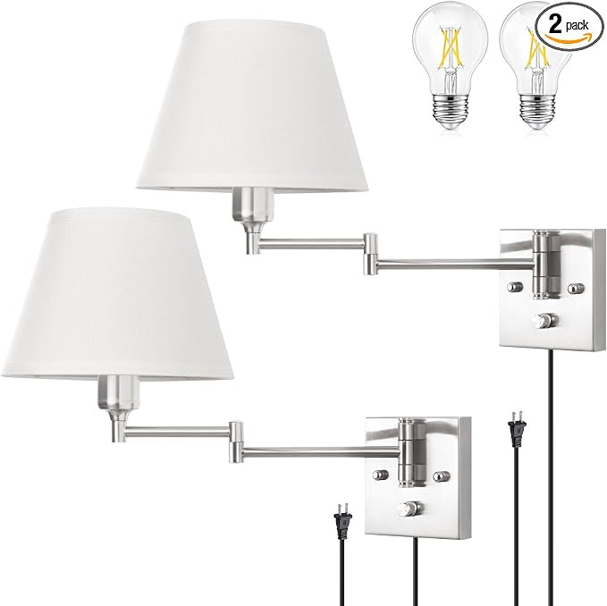 TRLIFE Wall Sconce Plug in, Dimmable Wall Sconces Set of 2 Brushed Nickel Swing Arm Wall Lights w... | Amazon (US)