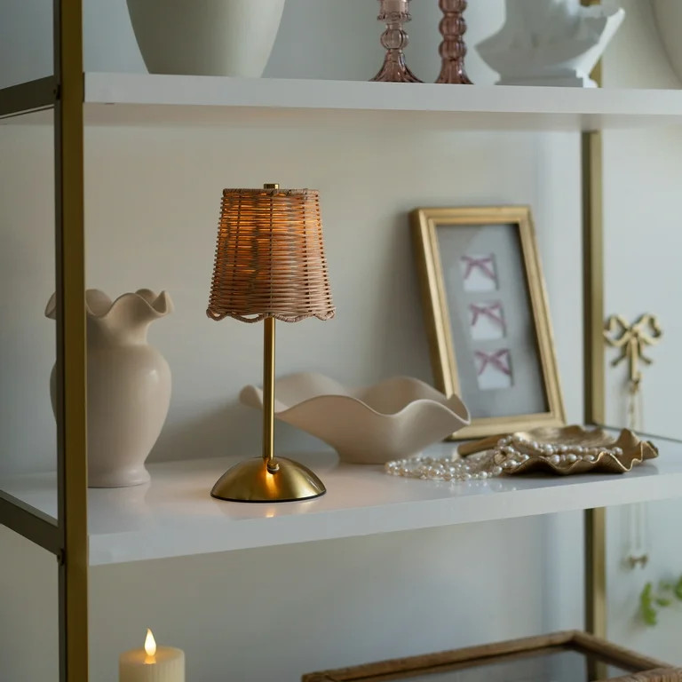 Home Decor Collection Cordless Indoor Rattan and Gold Colored Table Lamp with Touch Switch/Dimmer... | Walmart (US)