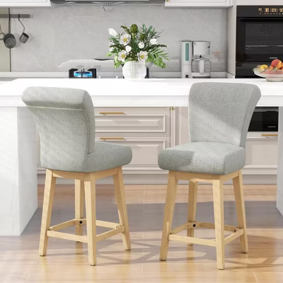 Set of 2 Modern Faux Leather Swivel Barstools - 26.8" Counter Height Upholstered Back with Solid Wood Legs - Dyonery | Target
