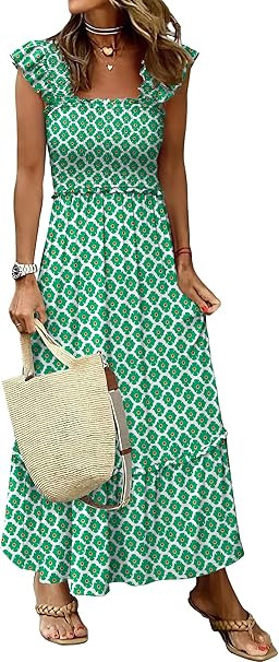 ANRABESS Womens Summer Sleeveless Maxi Dress Square Neck Smocked Boho Casual Ruffle Strap Flowy A... | Amazon (US)